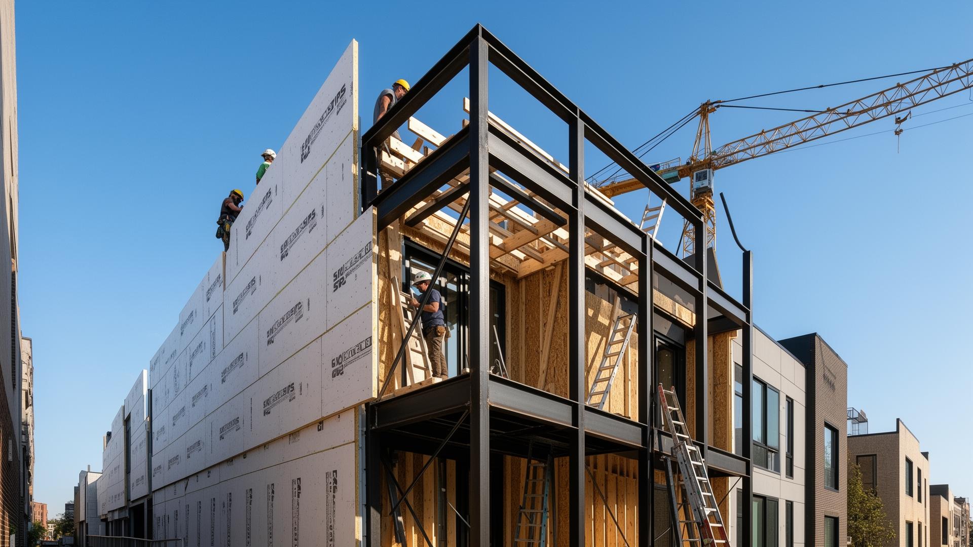 SIPS panels being installed onto the steel frame