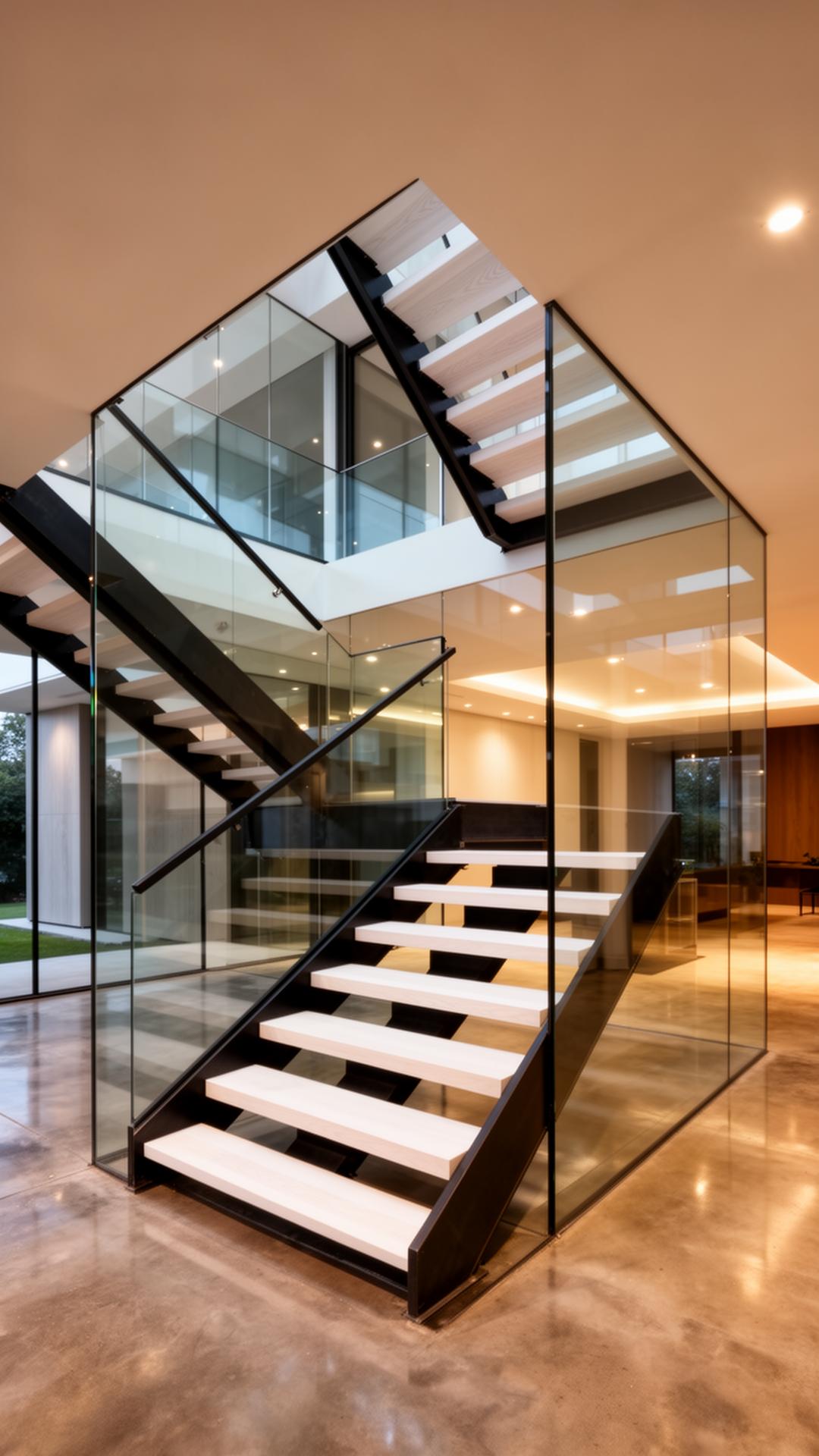 Glass-walled stairway at the heart of the residence