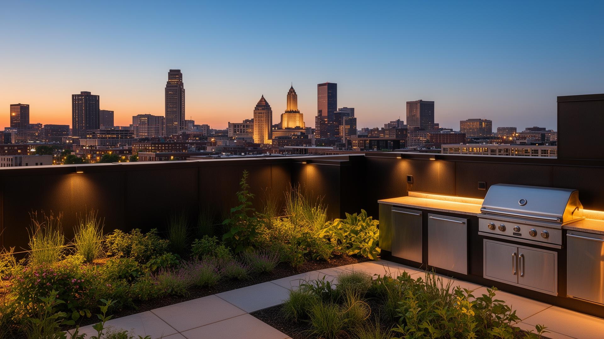 Rooftop terrace with outdoor kitchen and view of Cleveland skyline